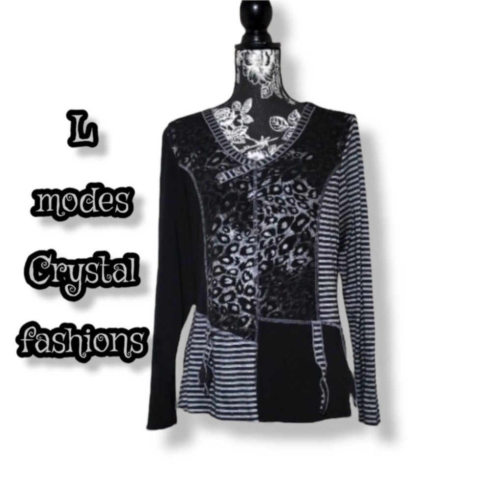 modes Crystal fashions patchwork leopard stripe black grey top
